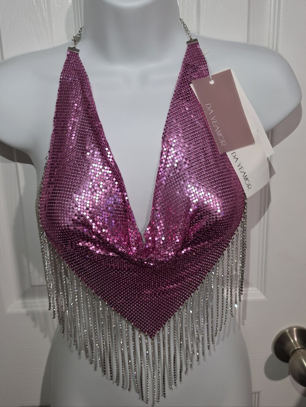 Da Veamor Pink Metallic Metal Mesh Rhinestone Fringe Halter Crop Top One Size